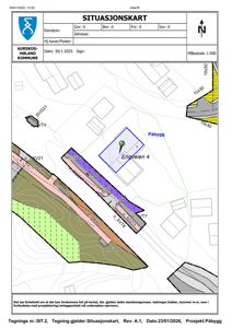 Situasjonskart som viser eiendomsgranser, nabobebyggelse, terrengforhold og planlagt påbygg ved Engeveien 4.