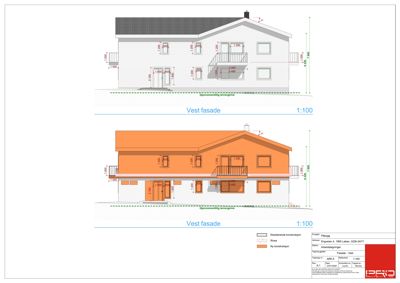 Fasadetegning (opprikk) av en bygning sett fra vest, med mål og skille mellom eksisterende og ny konstruksjon.