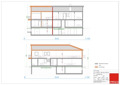 Tegning som viser tverrsnitt gjennom en bygning (snitt A og B) med mål og konstruksjonsdetaljer.