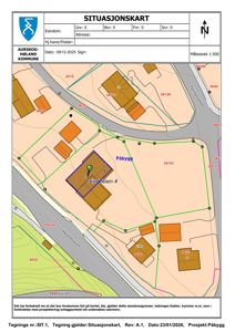 Situasjonskart som viser eiendomsgranser, naboeiendommer, veier og plassering av en planlagt påbygg på tomt 34/141 i Engveien 4.