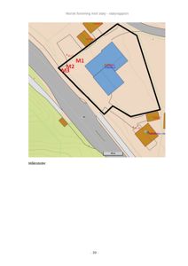 Kartutsnitt fra en støyrapport som viser et område med en vei (Hagdalvegen) og flere bygninger. Det er markert målepunkter (M1, M2, M3) og en skala.