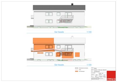 Fasadetegning som viser en bygning sett fra sør, med oppriss av eksisterende og ny konstruksjon.