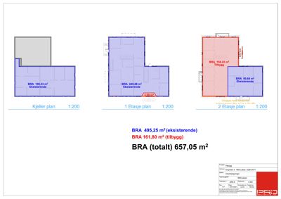 Etasjeplaner (Kjeller, 1. og 2. etasje) med oppgitt BRA og tilbyggeareal.