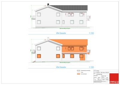 Tegning som viser fasaden sett fra øst. Den viser både eksisterende (grå) og ny (oransje) fasade med mål og detaljer.