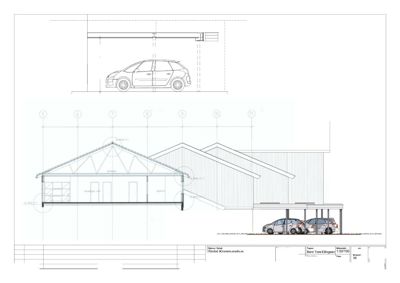 Snittegning (SNITT A-A) som viser tverrsnitt gjennom bygningen, takkonstruksjon, vegghøyder og parkeringsområde.