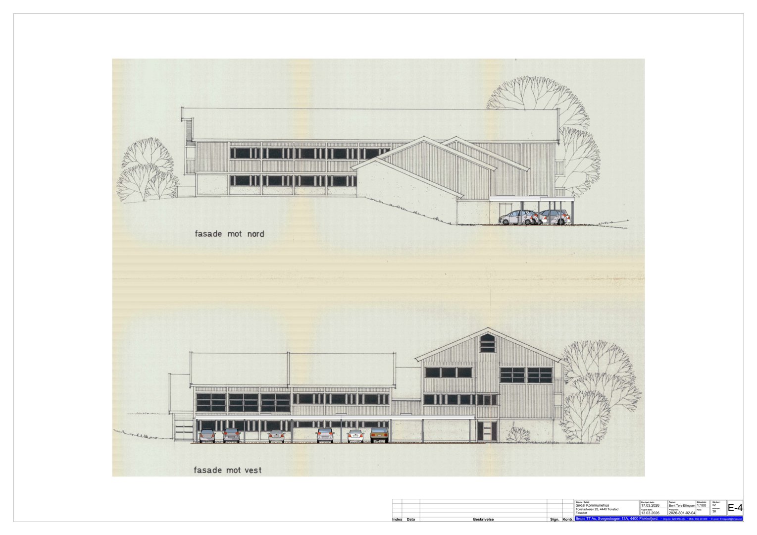 Tegning som viser fasadeopprikk mot nord og vest for en bygning.