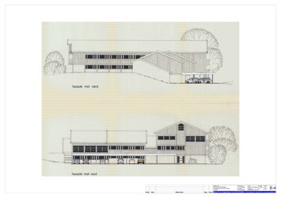 Tegning som viser fasadeopprikk mot nord og vest for en bygning.