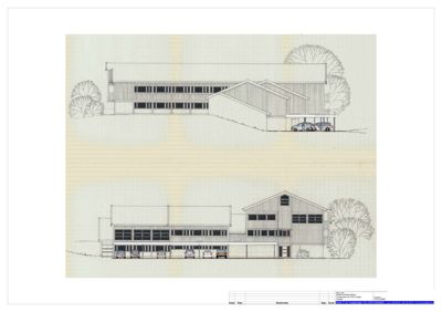 Tegning som viser fasadeopprikk mot nord og vest for en bygning.