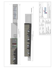 Fasadetegning som viser utsiden av bygningen med detaljer om materialer og dimensjoner.