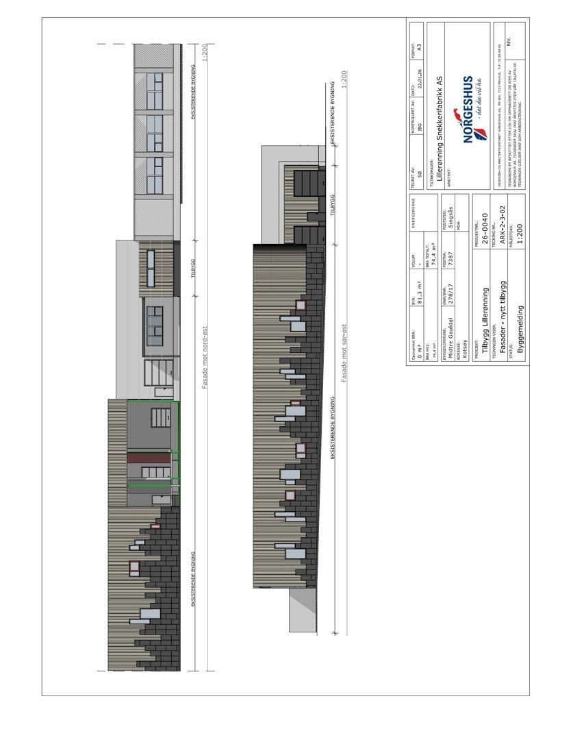 Fasadetegning som viser bygningens utside med vinduer og fasadepaneler.
