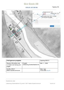 Bildet viser en situasjonsplan eller et kart over et prosjektområde, inkludert en profilgrafikk for høydemålinger. Det inneholder også en tabell med prosjektinformasjon.