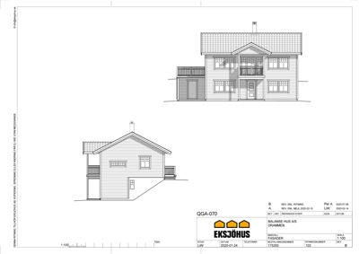 Fasadetegning som viser bygningens utseende fra front og side, inkludert takform, vinduer, balkonger og trappetrinn.