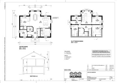 Etasjeplaner for en bolig, inkludert entréplan, sluttet plan og et snitt (seksjon A-A).