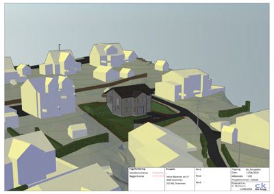 3D-visualisering (rendering) av et hus på tomt med omgivende nabolag og terreng.