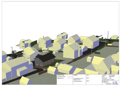 3D-visualisering (rendering) av et boligområde med flere hus, veier og grøntområder. Bildet viser bygningenes form, plassering og omgivelsene i et perspektiv.