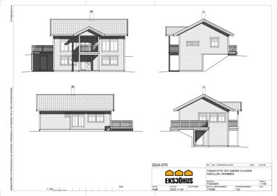 Fasadetegning som viser bygningens utsyn fra fire ulike vinkler (front, side, bak og en annen side).