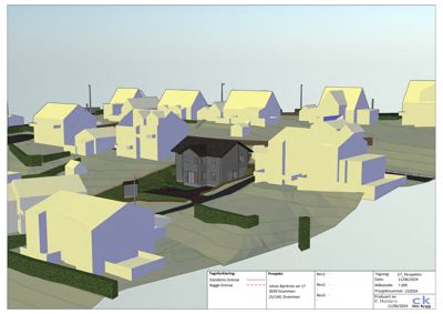 3D-visualisering (rendering) av et boligområde med fokus på en sentral bygning, inkludert terrengform og nabolag.