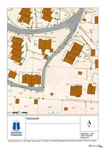 Kartutsnitt (situasjonsplan) som viser tomtene, bygningers plassering og topografi i Drammen kommune.