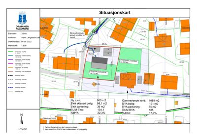 Situasjonskart som viser eiendomsnummer 2548 i Drammen kommune, med detaljer om tomteareal, bebygelsesareal (BYA), parkeringsareal og nabolag.