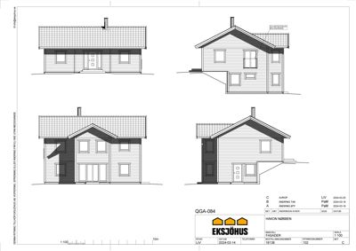 Fasadetegning som viser fire ulike vinkler på en villa (front, side, bak og en annen side), med detaljer om tak, vinduer og inngang.
