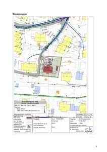 Situasjonsplan som viser tomtens beliggenhet, grenser, omgivende infrastruktur og bygningers plassering.