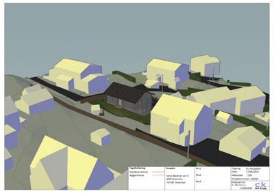 3D-visualisering (rendering) av et byggeprosjekt i Drammen, som viser en nybygd hus i forhold til eksisterende bebyggelse og terreng.