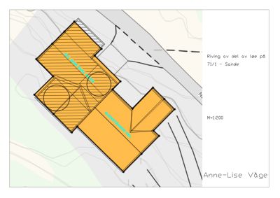 Situasjonsplan som viser en bygning (merket med 'Riving av del av lve') på en tomt med topografiske linjer og vei.