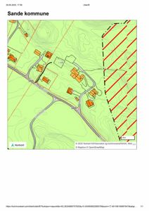 Kommunekart over Sande kommune som viser eiendomsgrenser, vegnett og terrengform.