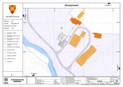 Situasjonskart som viser eiendomsforhold, naboeiendommer og bygningsplassering for Bygdavegen 85 i Hjemeland kommune.