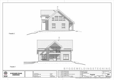 Fasadetegning som viser bygningens utseende fra to sider (Fasade 1 og Fasade 2) med skråning og detaljer.