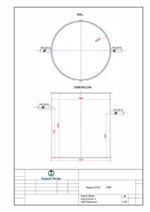 Tegning som viser detaljerte mål og dimensjoner for en rund og rektangulær konstruksjon, sannsynligvis en teknisk løsning eller utstyr.
