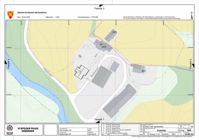 Situasjonsplan som viser bygningenes plassering i forhold til veier (Bygdavegen), vann (Fasade 4) og nabolag (Fasade 1, 2, 3).