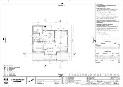 Fasade 3 tegning med oppriss av bygning sett utenfra, inkludert mål, vindus- og dørplasseringer, samt merknader om areal og konstruksjon.