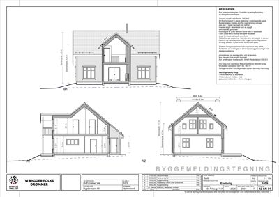 Fasadetegning med oppriss av bygning sett fra tre ulike vinkler (front, side og bakside), inkludert mål og merknader.