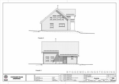 Fasadetegning som viser bygningens utseende fra to sider (Fasade 3 og Fasade 4).