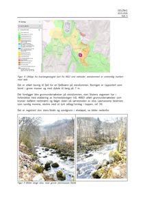 Fotografier av elvebunn med steinmasser/blokk og en kartutsnitt fra NGU som viser eiendommen markert.