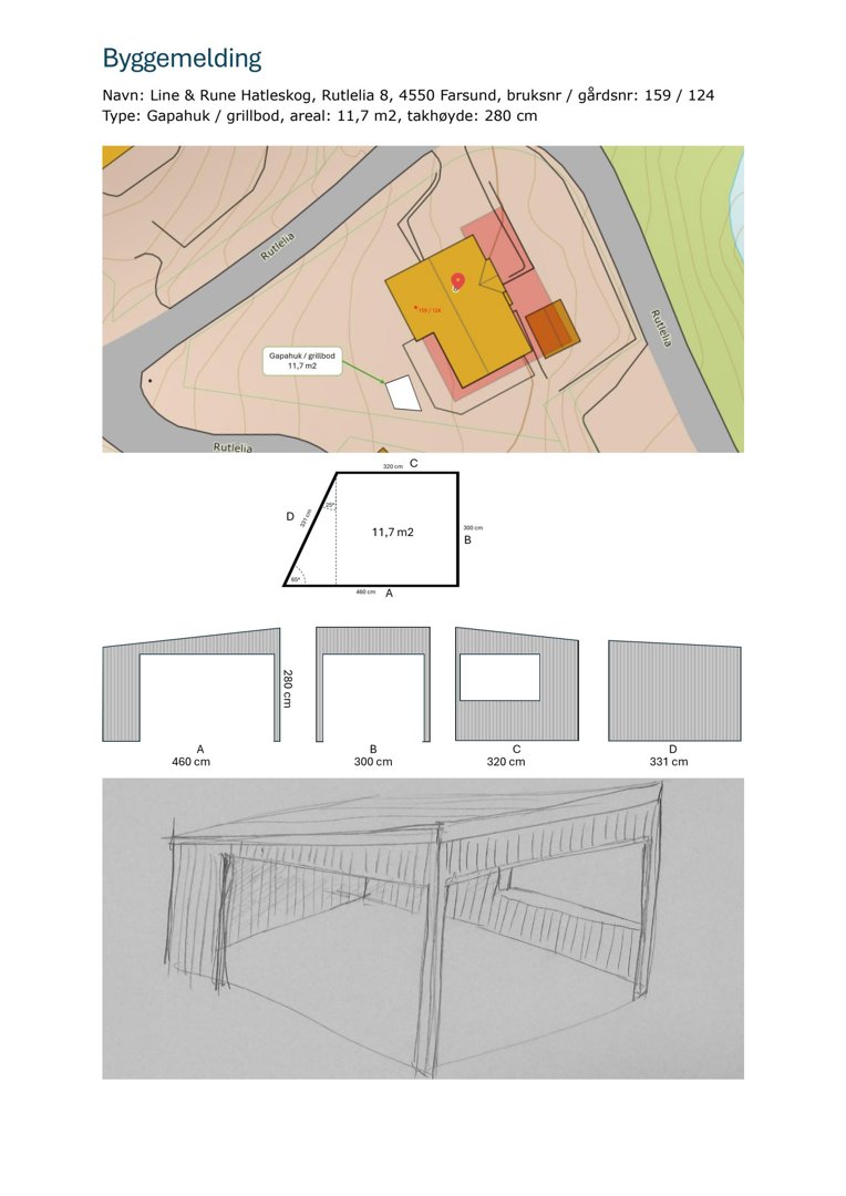 Bildet viser en byggeomelding for en gapahuk/grillbod. Den øverste delen er en situasjonsplan (tomtekart) som viser bygningens plassering i forhold til veien (Rutelia) og terrenget. Under følger en arealmåling, fasadeopprikk og en håndtegnet 3D-visualisering.