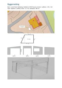 Bildet viser en byggeomelding for en gapahuk/grillbod. Den øverste delen er en situasjonsplan (tomtekart) som viser bygningens plassering i forhold til veien (Rutelia) og terrenget. Under følger en arealmåling, fasadeopprikk og en håndtegnet 3D-visualisering.