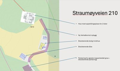 Situasjonsplan for Straumøyveien 210 som viser tomtens form, eksisterende og planlagte bygninger, veiadkomst og parkeringsområder.