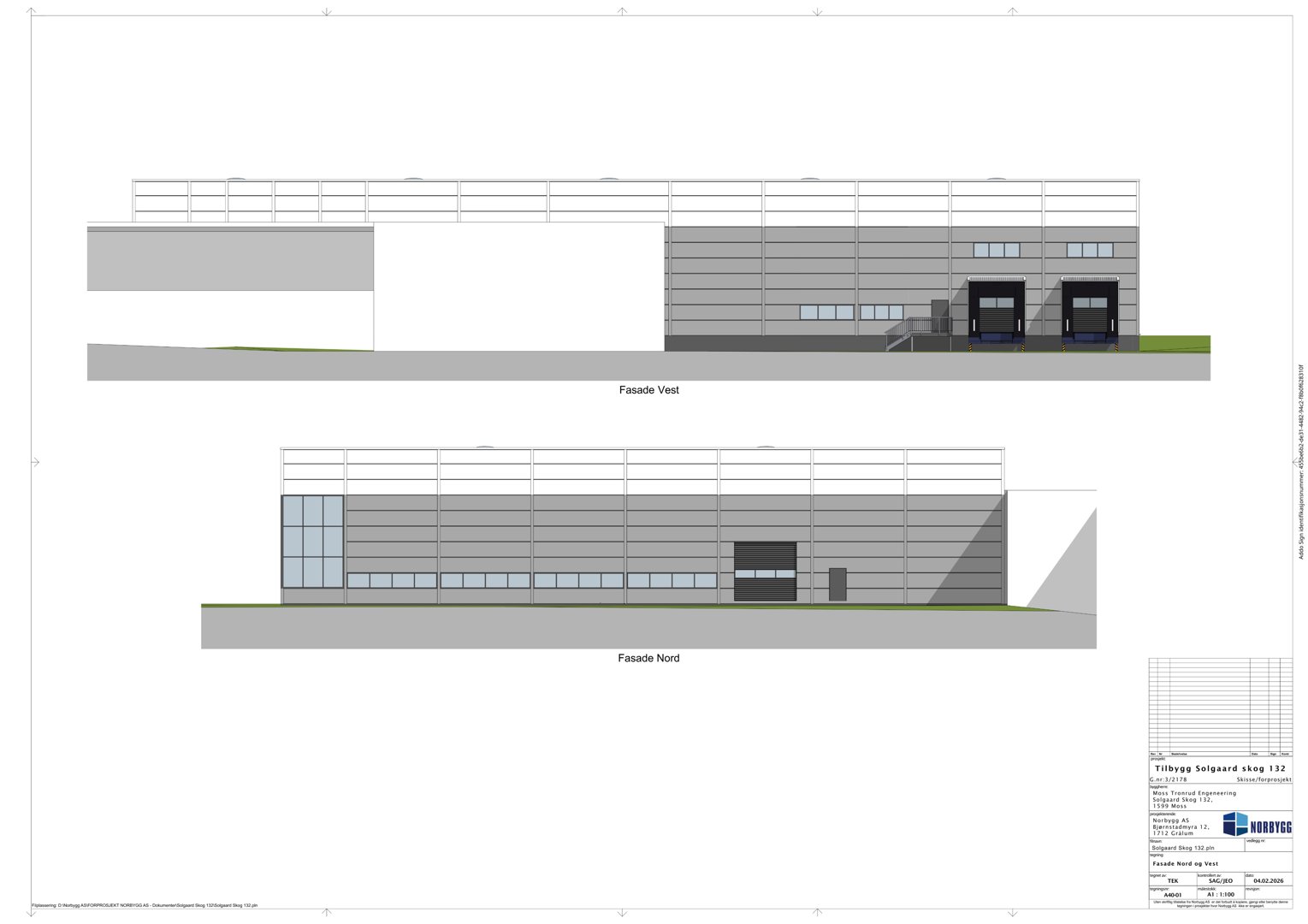 Tegning som viser fasadeopprikk for bygningen sett fra vest og nord.