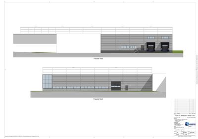 Tegning som viser fasadeopprikk for bygningen sett fra vest og nord.