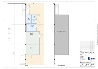 Etasjeplan for 1. etasje som viser romfordeling, arealer og teknisk mesanin.