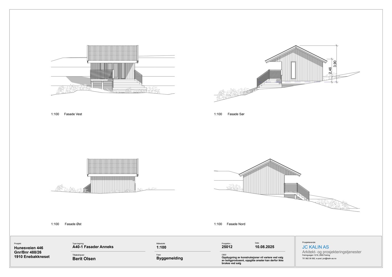 Fasadetegninger for en bygning (vest, sør, øst og nord) med mål og detaljer.
