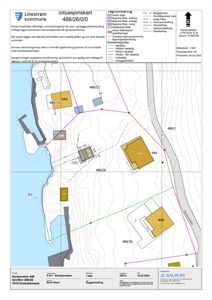 Situasjonskart som viser tomtens beliggenhet, grenser, naboeiendommer og bygningers plassering.