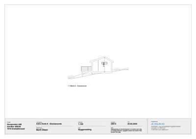 Snittegning av eksisterende bygning (1:100) med oppriss og grunnflate.