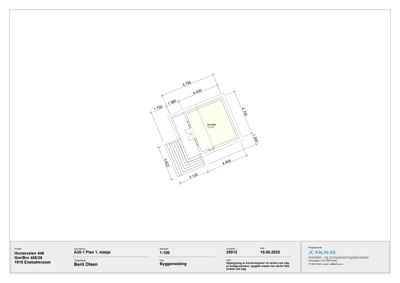 Etasjeplan (1. etasje) med romfordeling, dimensjoner og en byggeomelding.