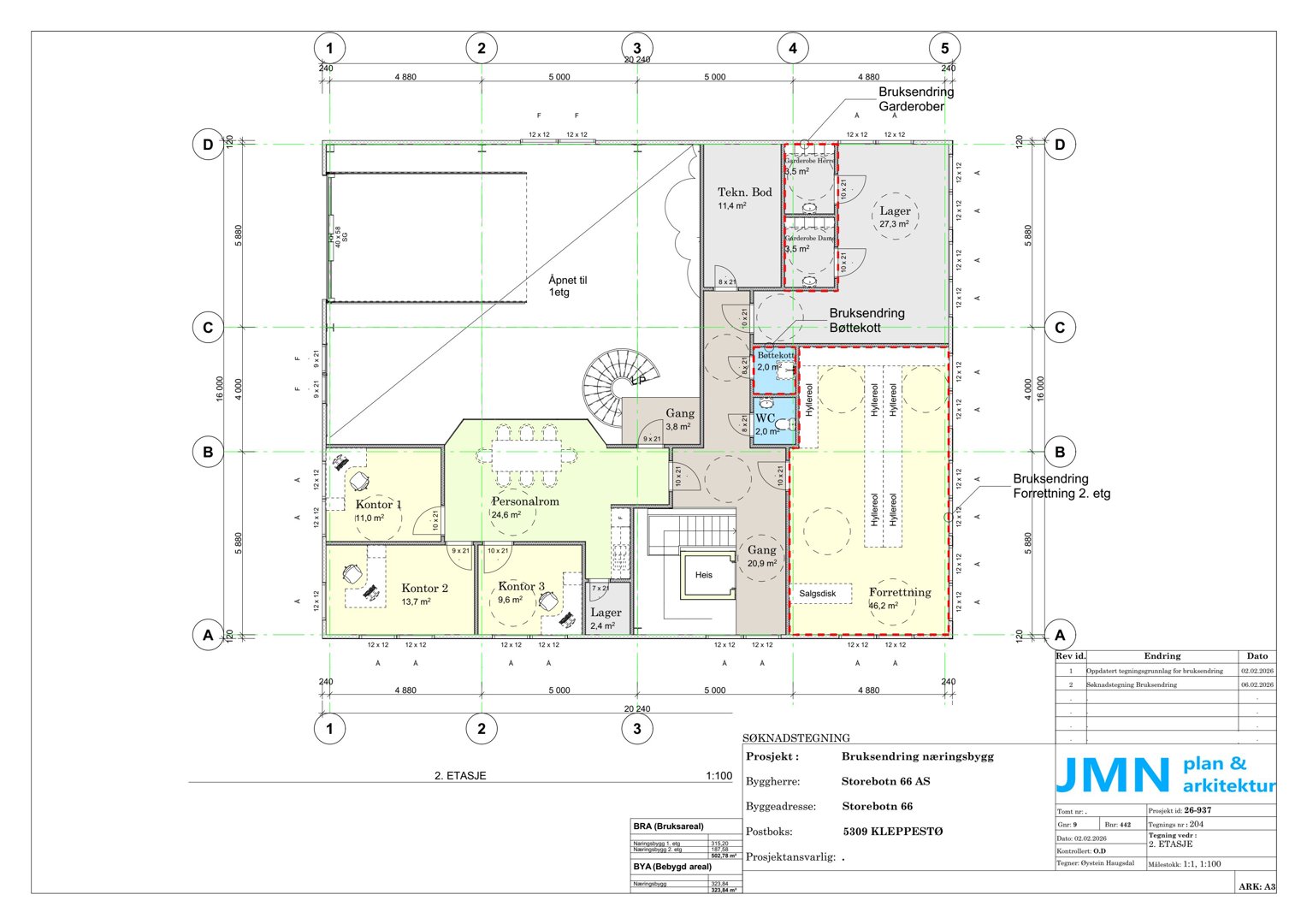 Etasjeplan (2. etasje) som viser romfordeling, dimensjoner og bruksendringer for et næringsbygg.
