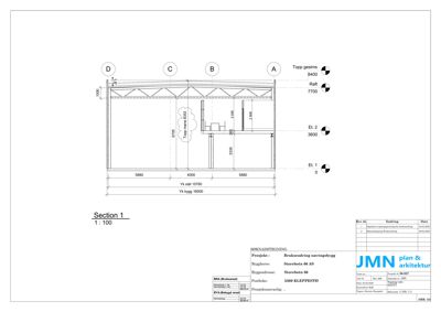 Snittegning (Section 1) som viser tverrsnittet av en bygning med mål på høyder, takkonstruksjon og etasjer.