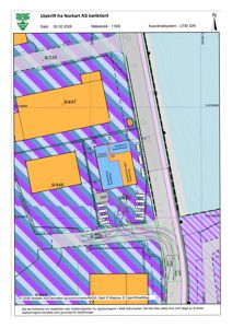Situasjonsplan (tomtekart) som viser eiendomsnummer, bygningers plassering, vegger og infrastruktur.