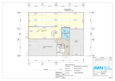 Etasjeplan (1. ETASJE) som viser romfordeling, bruksendring og arealoppdelinger for et næringsbygg.